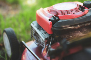 Close-up side view of a red and black gasoline-powered lawn mower engine on a green lawn.